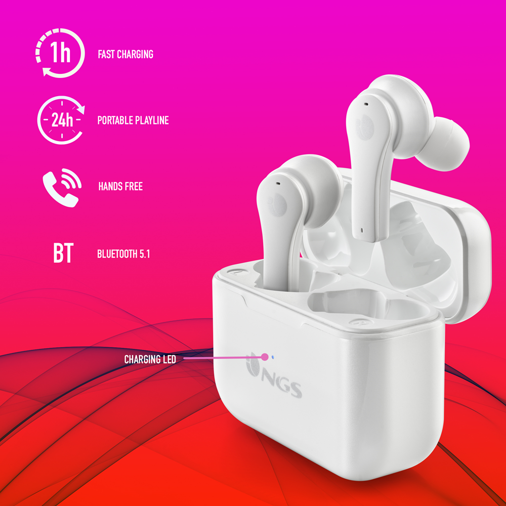 Ngs Artica 24Hr TWS Bluetooth 5.1 White earbuds, long battery life, wireless, available at Keans Claremorris.