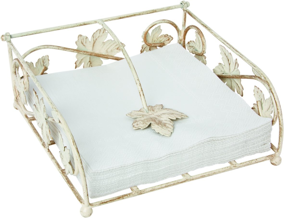 Wine Leaf Antique Cream Cocktail Napkin Holder, metal with vintage wine leaf design, durable, 14x14x6.5 cm – Keans