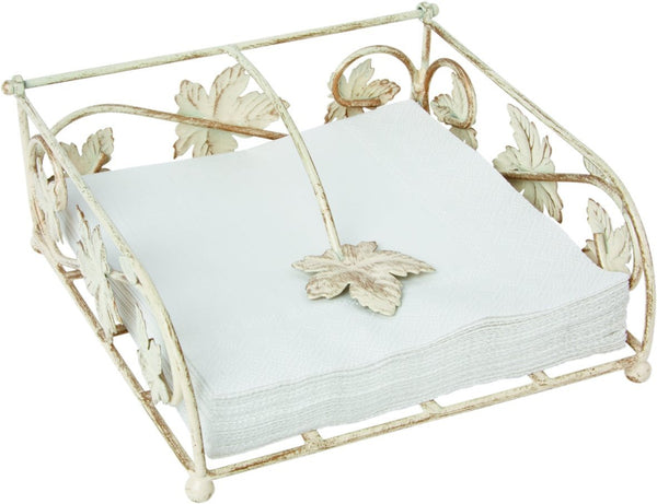 Wine Leaf Antique Cream Cocktail Napkin Holder, metal with vintage wine leaf design, durable, 14x14x6.5 cm – Keans