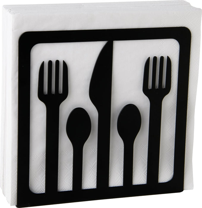 Black metal napkin holder with cutlery cut-out design, powder-coated iron, fits lunch napkins – Keans Claremorris