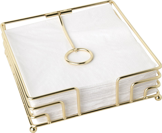 Gold metal napkin holder for lunch napkins, compact and elegant design by Keans Claremorris.