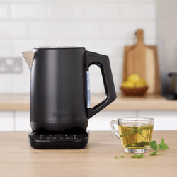 Ninja Perfect Temperature Kettle in black with 6 preset temps, rapid boil, and hold temp feature – available at Keans