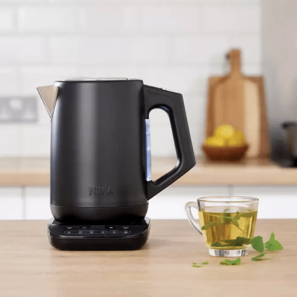 Ninja Perfect Temperature Kettle in black with 6 preset temps, rapid boil, and hold temp feature – available at Keans