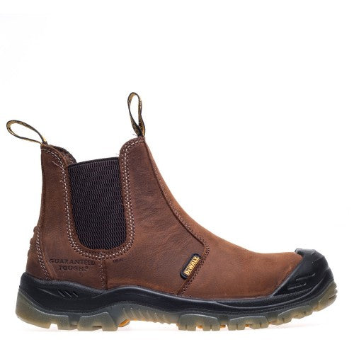 DeWalt Nitrogen Dealer Boot in brown leather with black elastic side panels and rugged sole, side view.