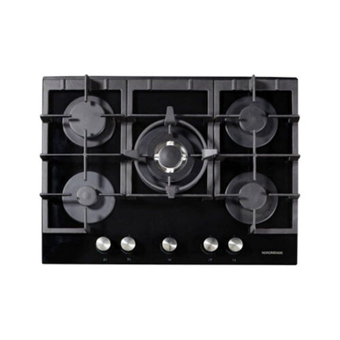Nordmende 70cm Gas Hob HGX703BGL with 5 burners, wok burner, cast iron supports, flame safety, black glass – Keans