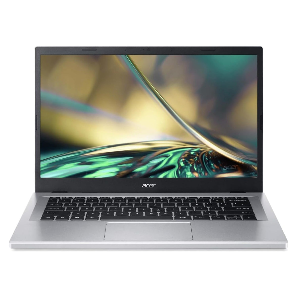 Acer 14" Aspire laptop front view with screen on, silver body, and black keyboard.