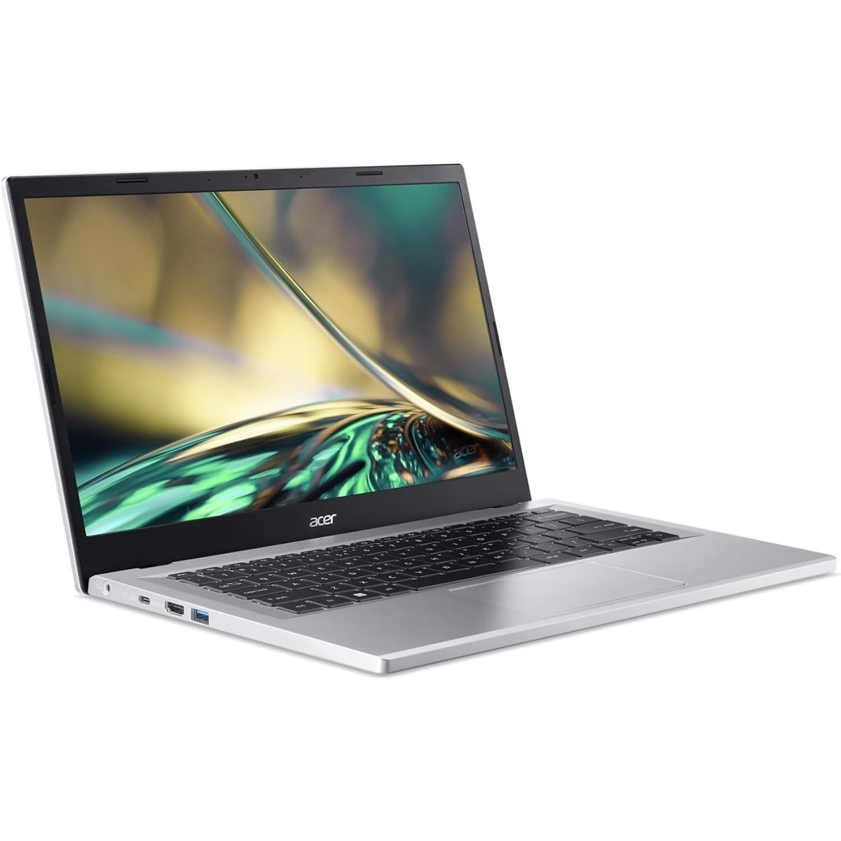 Acer 14'' Aspire laptop in silver, open at an angle showing screen and keyboard with ports on left side.