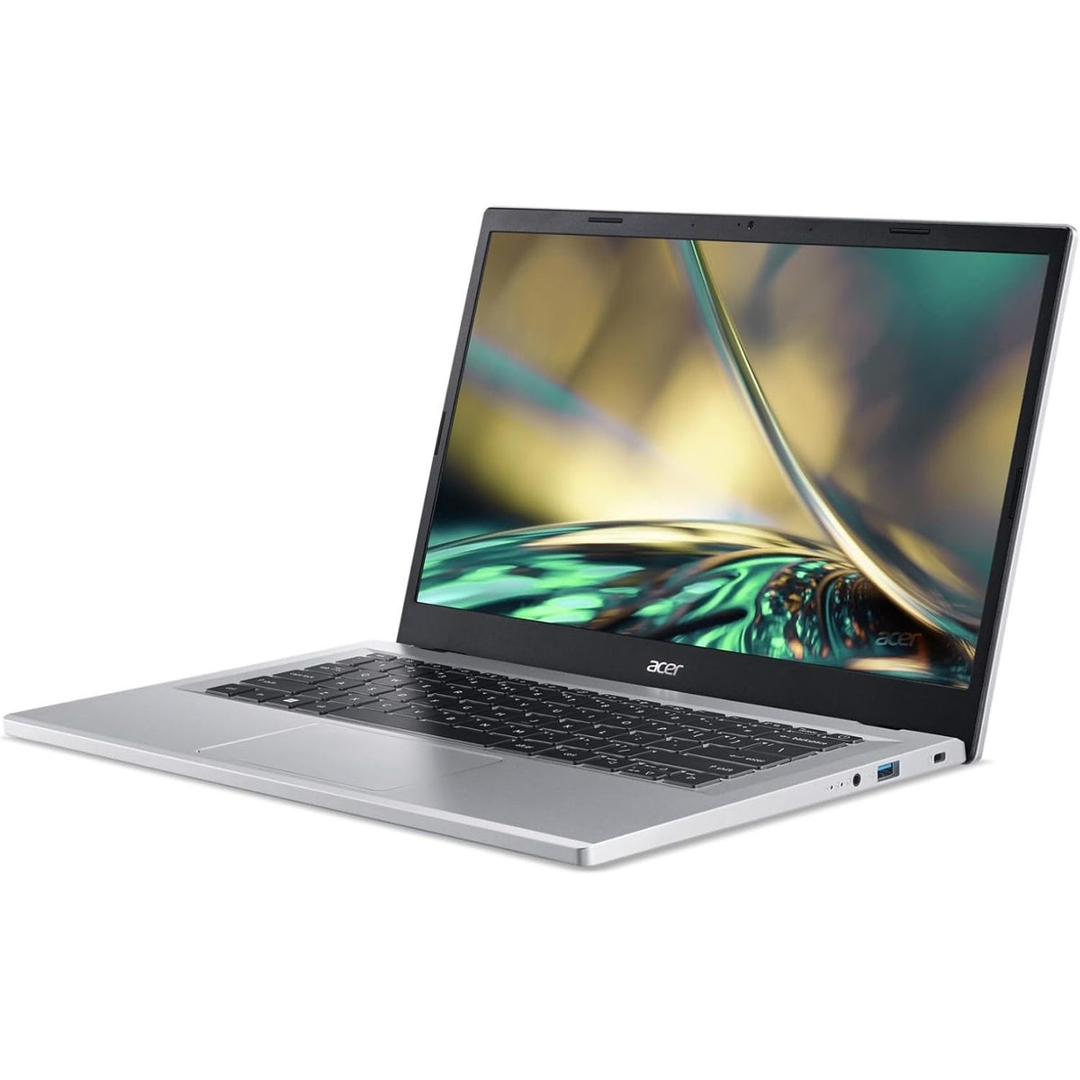 Acer 14'' Aspire laptop in silver, open at an angle showing keyboard and colorful screen display