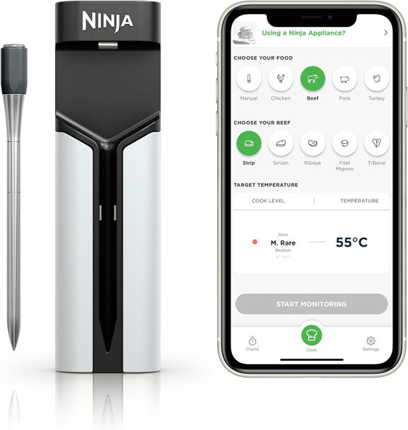 Ninja ProChef WP100EU wireless meat thermometer with dual sensors, Bluetooth app control, heat-resistant, from Kean’s