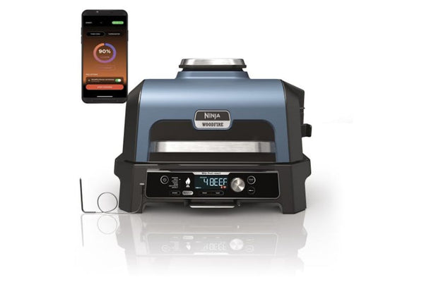 Ninja Woodfire Pro Connect XL Electric BBQ Grill & Smoker in Blue/Black, app-controlled, woodfire flavor, IPX4 water