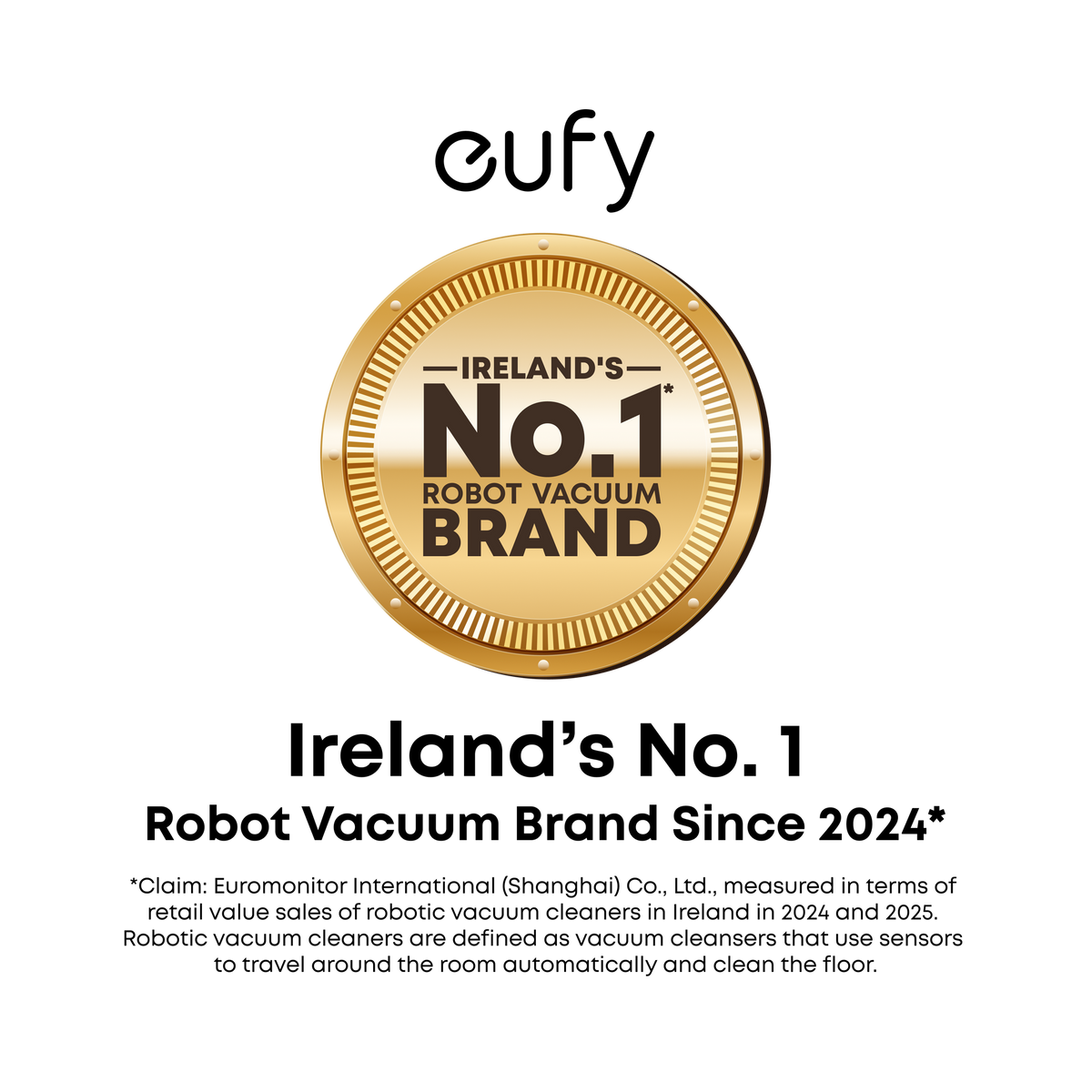 Gold medal badge with text Ireland's No.1 Robot Vacuum Brand on a black background