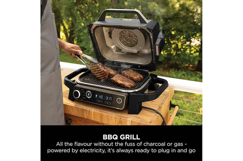 Ninja Woodfire Outdoor Electric BBQ Grill & Smoker OG701UK in Grey & Black, available at Keans Claremorris