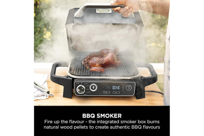 Ninja Woodfire Outdoor Electric BBQ Grill & Smoker OG701UK in Grey & Black, available at Keans Claremorris