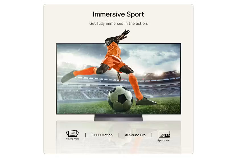 LG AI B6 55" OLED 4K HDR Smart TV showing a soccer player kicking a ball in a stadium scene.