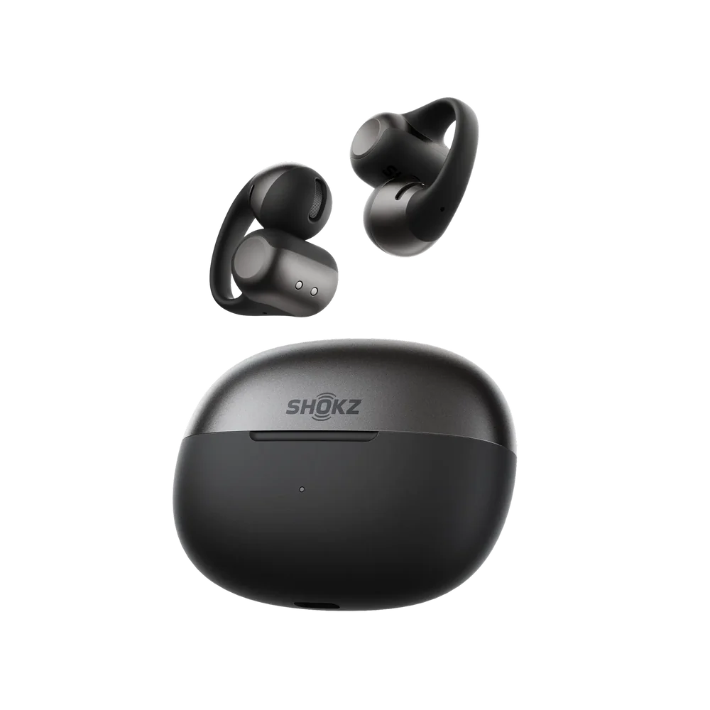Shokz OpenDots 2 black wireless earbuds with charging case shown from front and side angles
