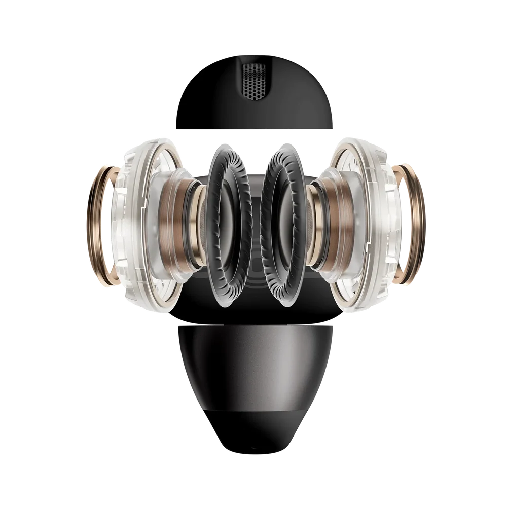 Shokz OpenDots 2 Black showing exploded view of internal speaker components and earbud casing