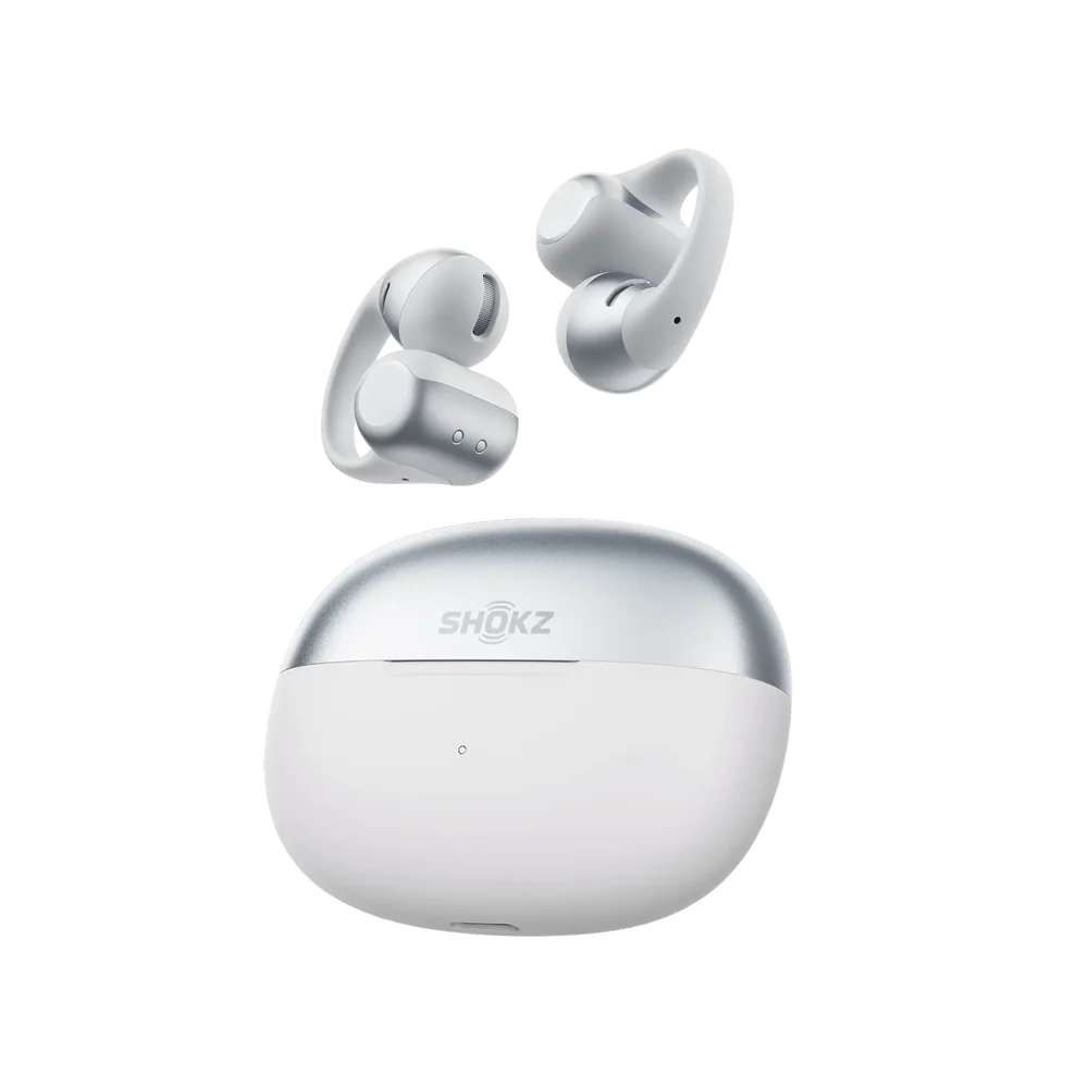 Shokz OpenDots 2 Grey wireless earbuds with charging case shown floating above it on white background