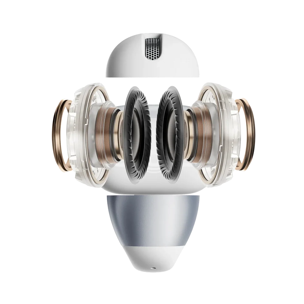 Shokz OpenDots 2 Grey showing an exploded view of its internal speaker components and outer casing.
