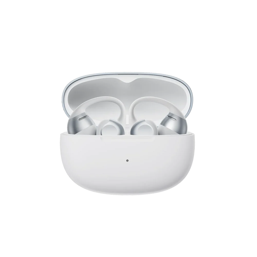 Shokz OpenDots 2 Grey wireless earbuds in open white charging case, front view