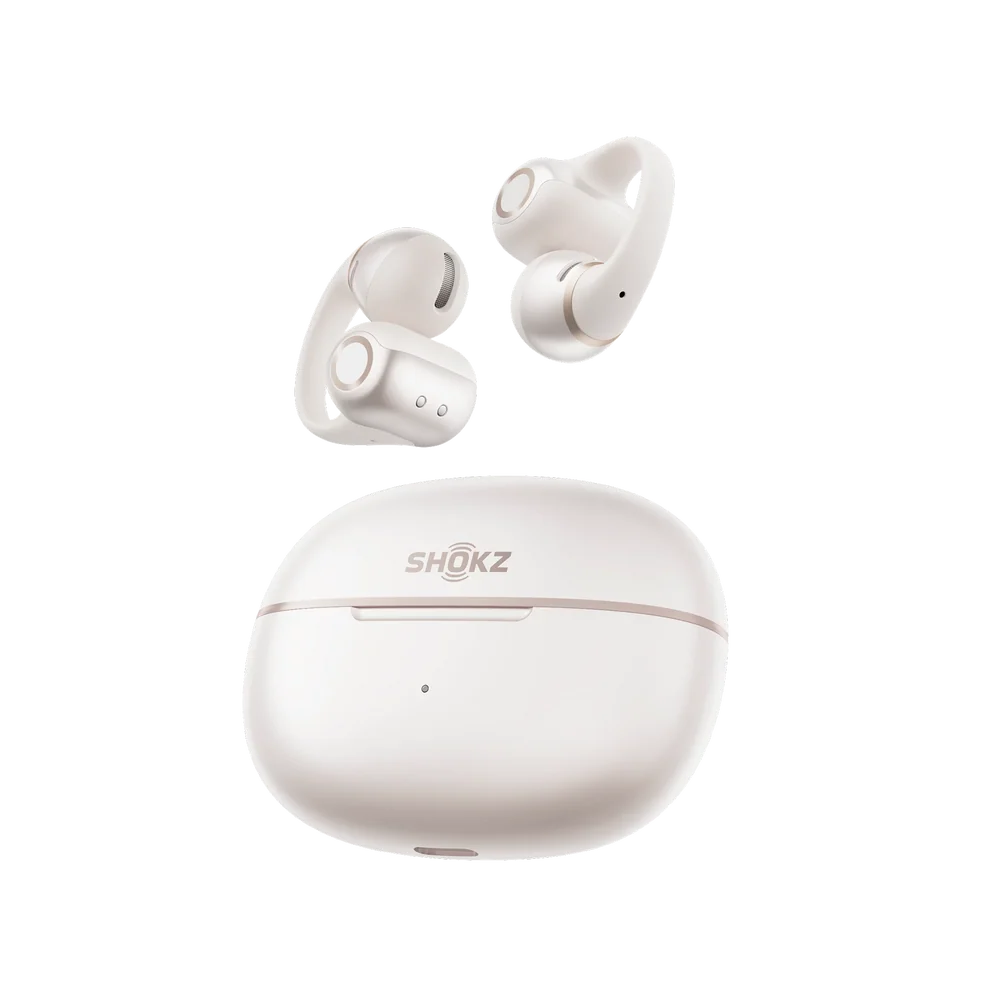 Shokz OpenDots 2 white wireless earbuds with charging case shown from front angle