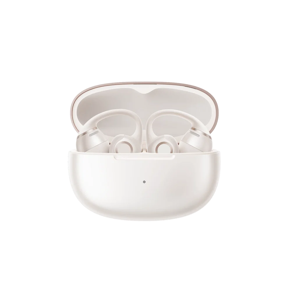 Shokz OpenDots 2 White wireless earbuds in open white charging case on white background
