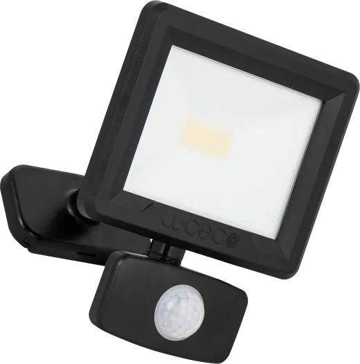 Luceco Essence 10W black LED floodlight with PIR sensor and adjustable ball joint, front angled view.