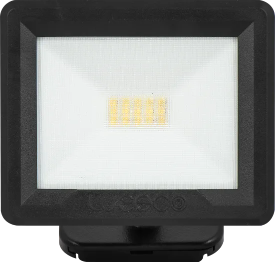 Front view of Luceco Essence 10W black floodlight with visible LED panel and ball joint base.