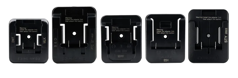 Five black battery adapters for the 18V Battery Tripod Worklight, each with different sizes and labels.