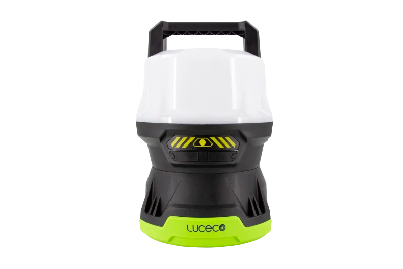 Front view of 18V Battery LED Area Worklight with black handle and green base by Luceco