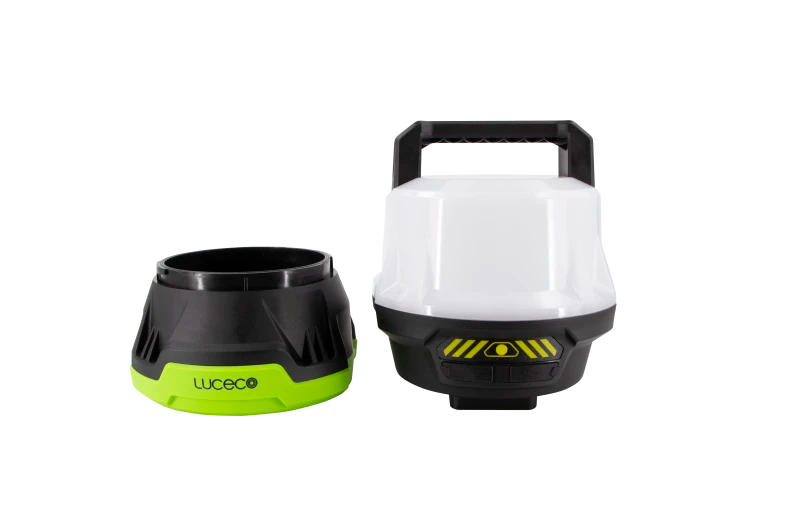 18V Battery LED Area Worklight with black handle and detachable black and green adaptor base side by side.