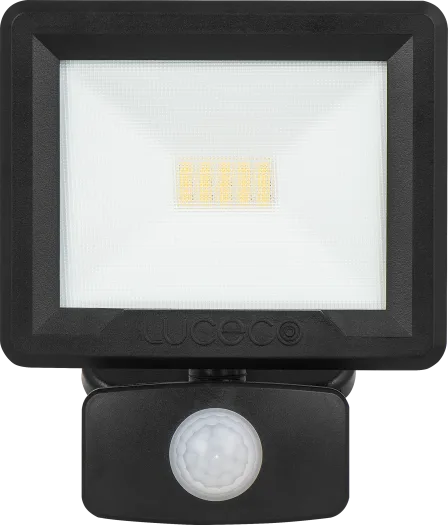 Luceco Essence 10W black PIR floodlight with sensor and visible LED panel, front view.