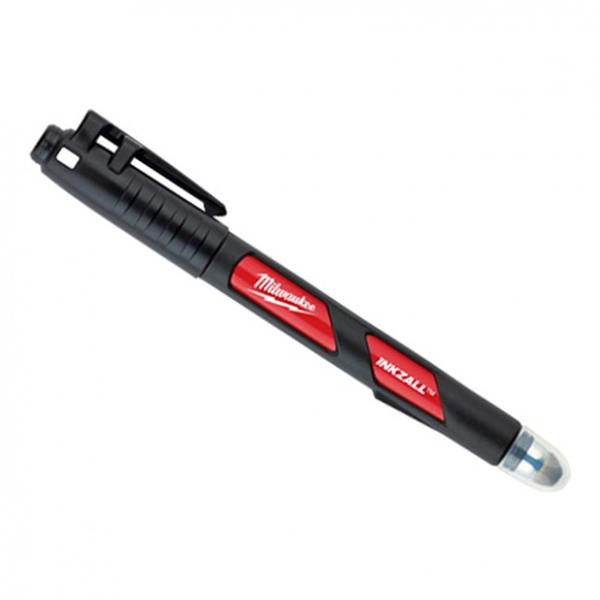 Milwaukee Marker Stylus pen with black body, red labels, and clear tip cap on white background