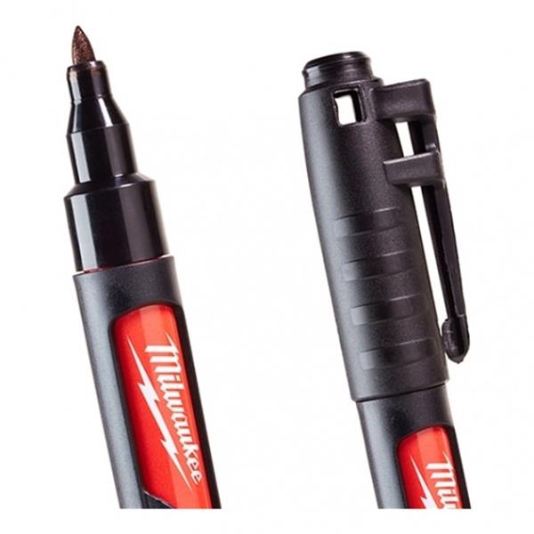 Close-up of Milwaukee Marker Stylus with black cap removed, showing the marker tip and clip.