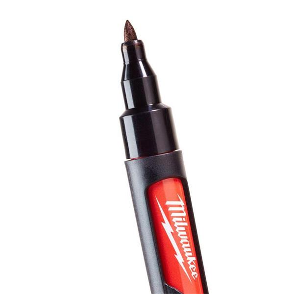 Close-up of Milwaukee Marker Stylus tip and part of the black and red barrel with logo visible.