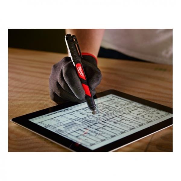 Hand in glove using Milwaukee Marker Stylus on a tablet displaying architectural plans.