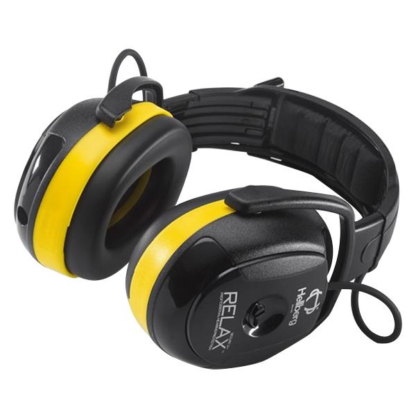Black and yellow Secure Relax 2H headband ear defenders with AM/FM radio and padded ear cushions