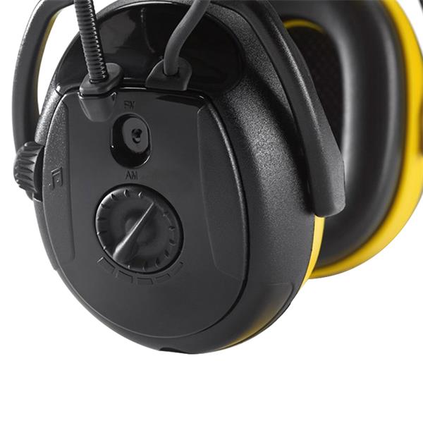 Close-up of the Secure Relax 2H Headband AM/FM Radio Ear Defender showing the tuning dial and controls on the ear cup.
