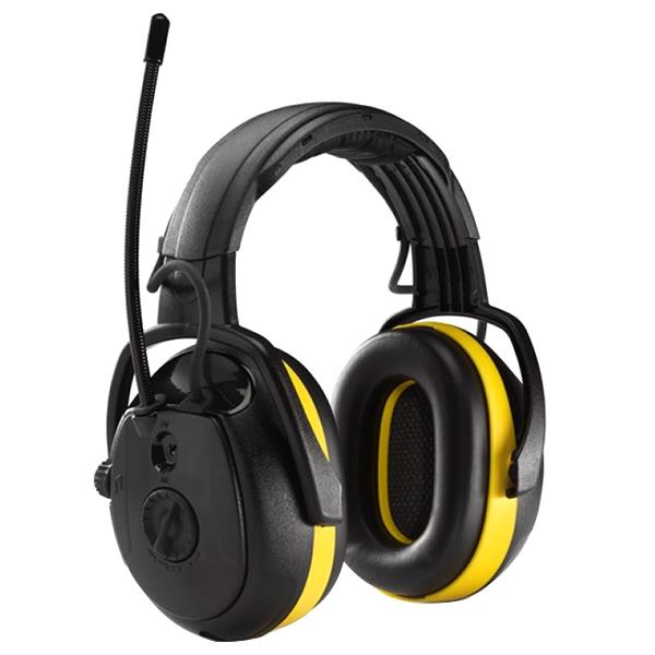 Black and yellow Secure Relax 2H headband ear defenders with AM/FM radio and adjustable antenna.