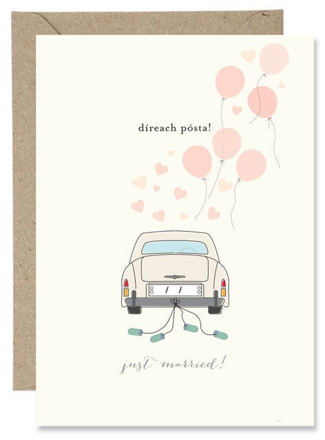The Paper Gull Just Married Card showing a vintage car with pink balloons and hearts, on cream textured card.