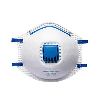 White FFP2 valved respirator mask with blue valve and straps, cup style, front view.