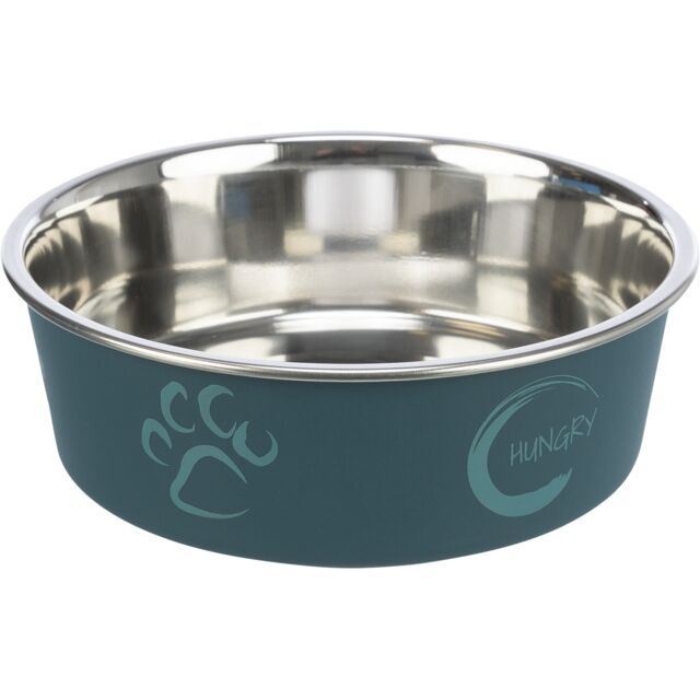 Stainless steel pet bowl 1.4L with non-slip rubber base, plastic paw print coating, easy to clean – Keans Claremorris