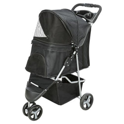 Black Pet Buggy Stroller with 3 wheels, quick-fold, mesh cover, storage, and suspension for small dogs and cats - Keans