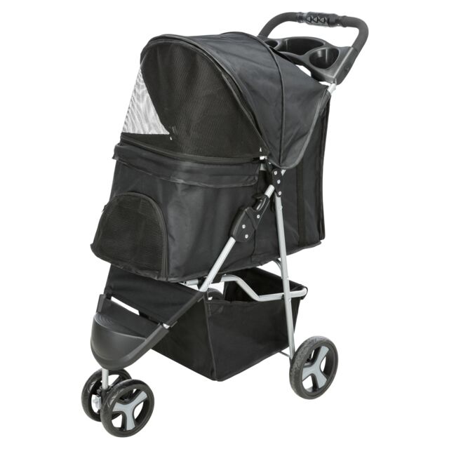 Black Pet Buggy Stroller with 3 wheels, quick-fold, mesh cover, storage, and suspension for small dogs and cats - Keans