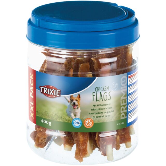 Premio Chicken Flags 400g rawhide chewing rolls with 65% chicken, high protein, resealable pack – Keans Claremorris