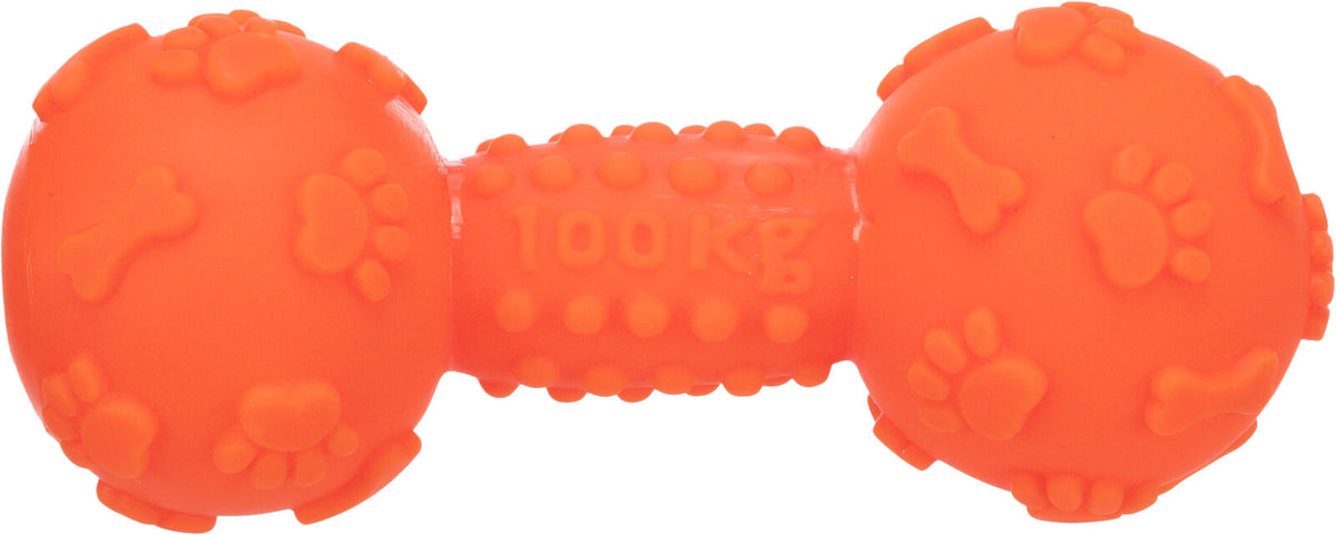Orange Vinyl Bones Dumbbell 15cm dog toy with squeaker, textured surface, flexible vinyl – Keans Claremorris.