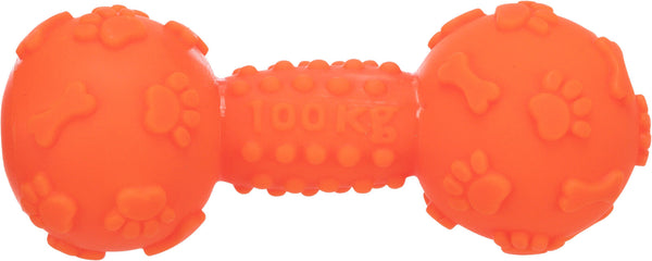 Orange Vinyl Bones Dumbbell 15cm dog toy with squeaker, textured surface, flexible vinyl – Keans Claremorris.