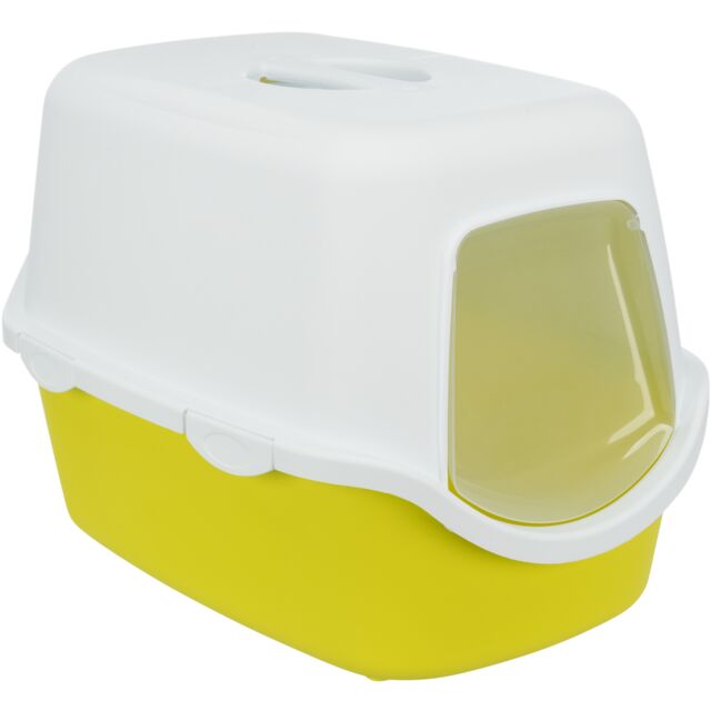 Vico Hooded Litter Tray in yellow with door flap, handle, double rim, Easy Click clasps – 40x40x56 cm | Keans Claremorris