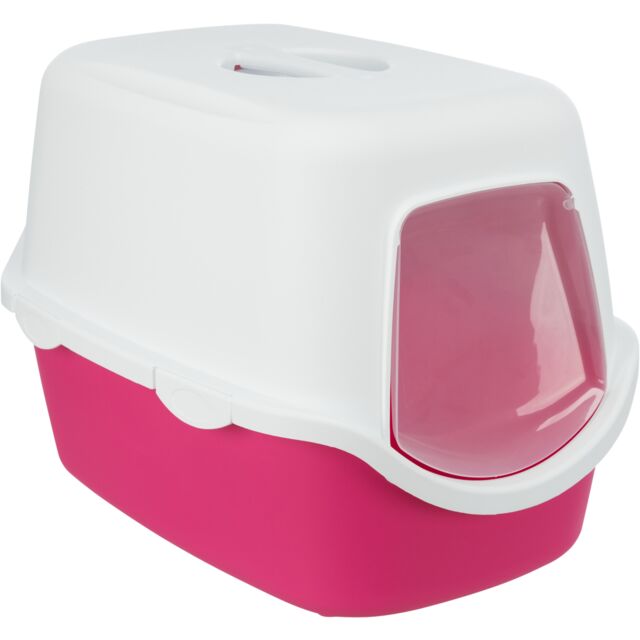Vico Pink Hooded Litter Tray with door flap, handle, double rim, Easy Click clasps – 40x40x56 cm | Keans Claremorris