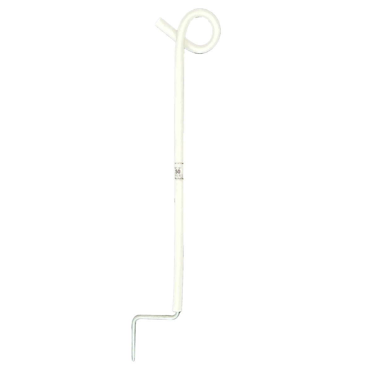Small white pigtail post insulator with metal stake for securing fencing posts up to 270mm.