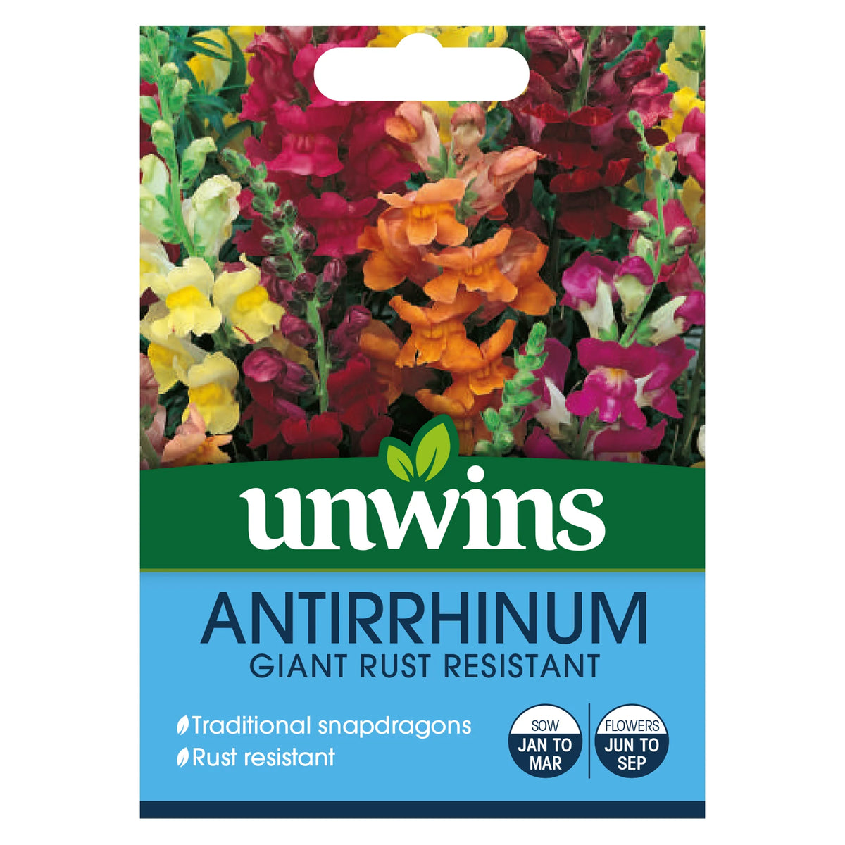 Packet of Unwins Antirrhinum Giant Rust Resistant snapdragon seeds with colorful flower images and sowing info.